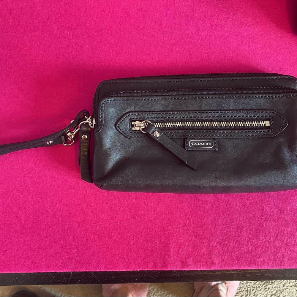 Coach black soft leather double zip wallet